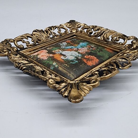 Vintage Ornate Plastic Gold Mini Picture Frame With Floral Satin Fabric 2x2.5 - Picture 9 of 11